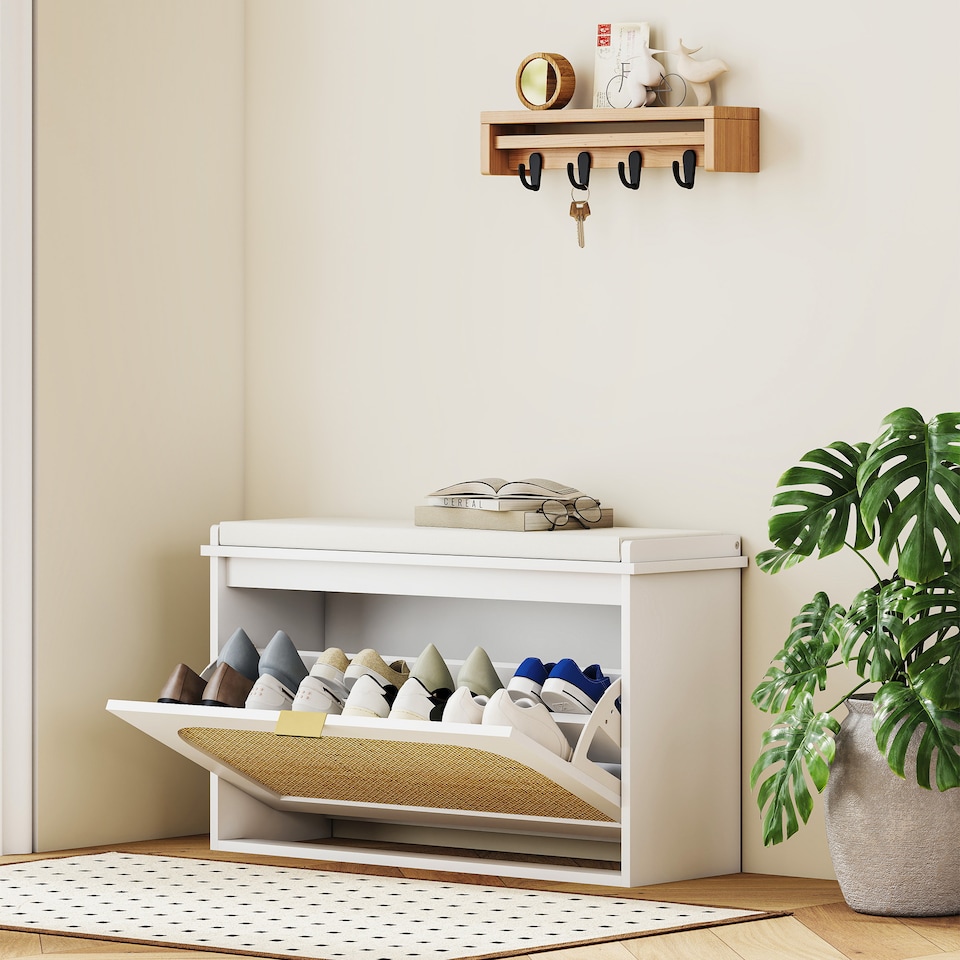 image 1 of HOMCOM Narrow Shoe Bench with Padded Seat and Flip-Drawer, Boho Shoe Storage Bench with Rattan Door and Adjustable Shelf for Hallway, Entryway, Holds 8 Pairs, White | White | White