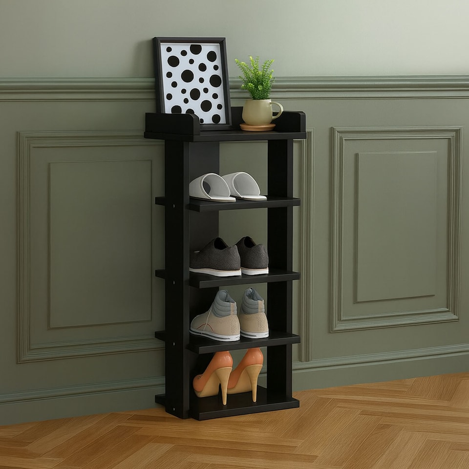 image 1 of Neo Black Multi-Layer Wooden Shoe Rack Durable Storage Organiser Boots Sneakers Heels Space Saving Entryway Shelf | Black