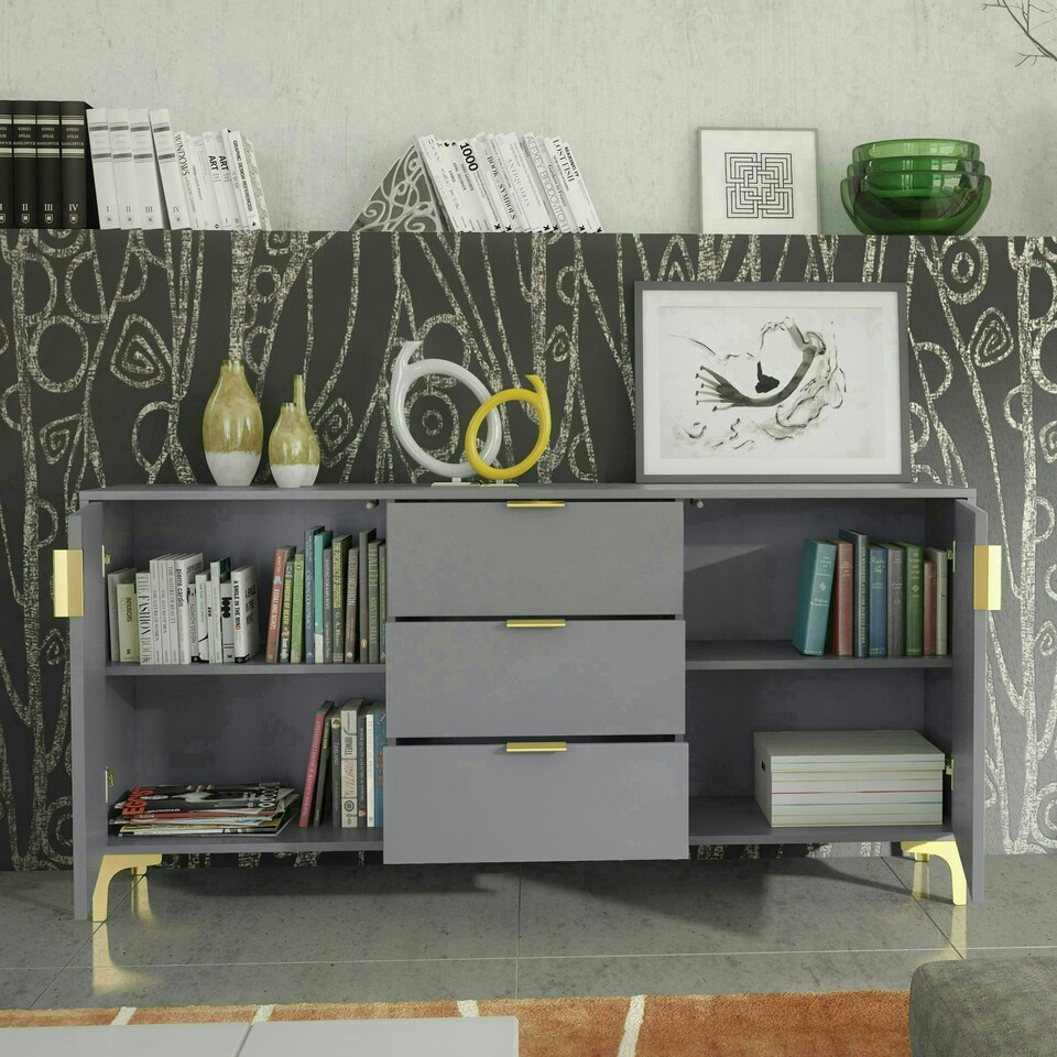 image 1 of Bold sideboard 140cm grey ribbed fronts gold accents Grey