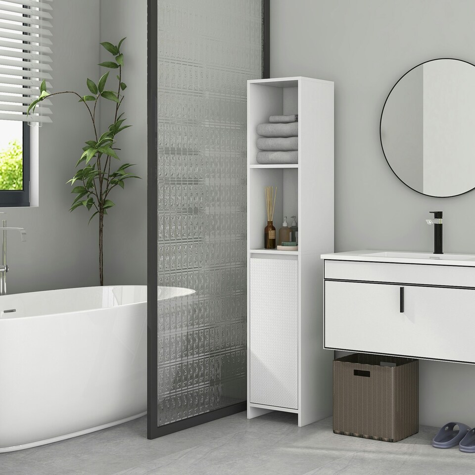 image 1 of HOMCOM Narrow Bathroom Cabinet, Slim Bathroom Cupboard, White White