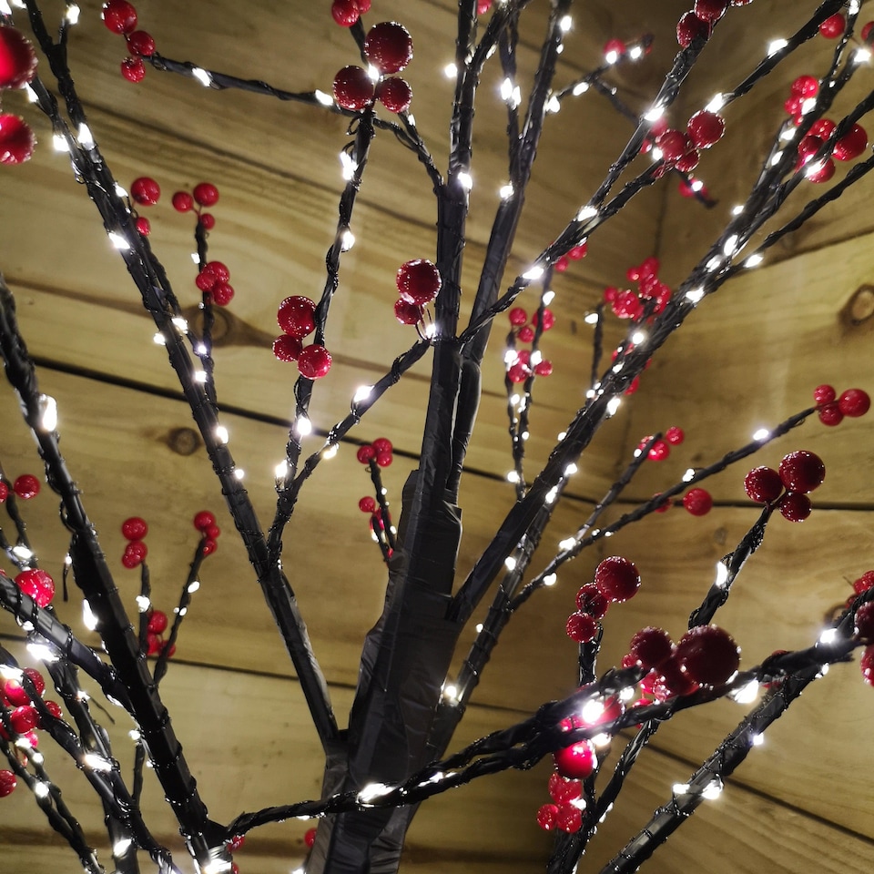 image 1 of 180cm 6ft Christmas Lit Black Twig Tree Red Berry 600 Warm White LED