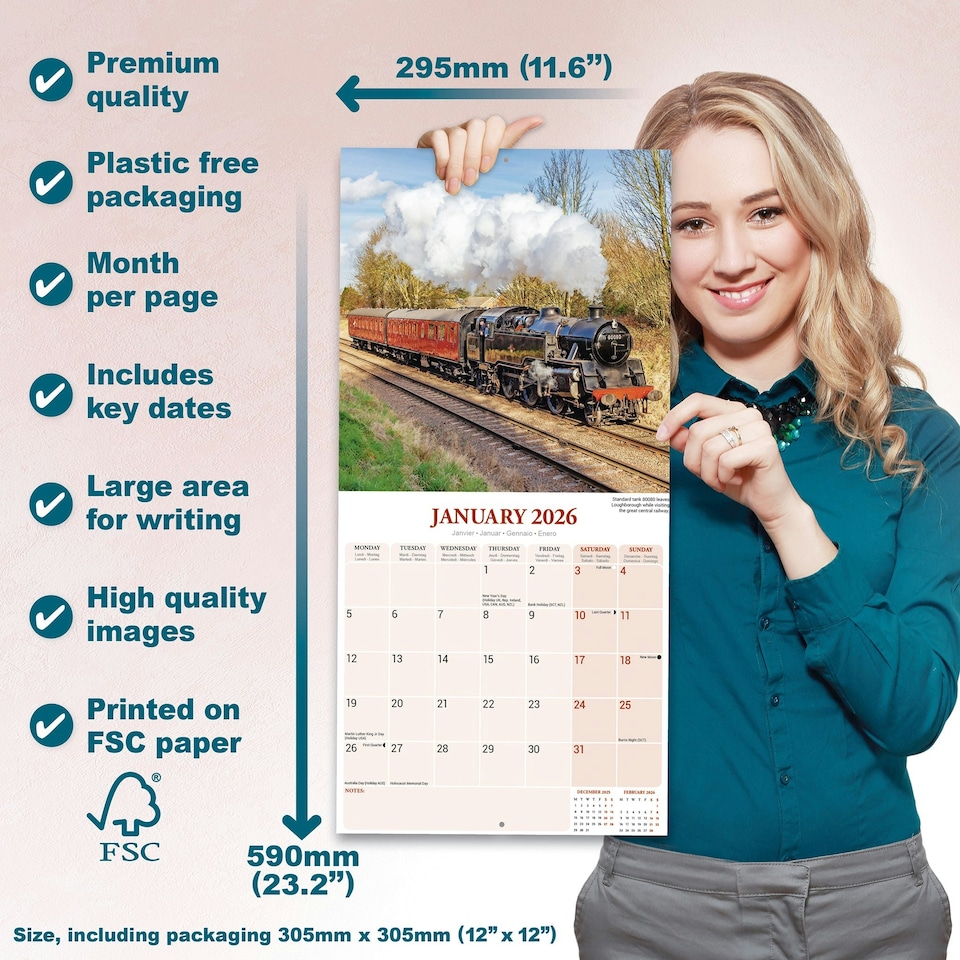 image 1 of Steam Trains 2026 Calendar | Square Wall Calendar | Train, Steam Railway Gift | Plastic Free Packaging | by Avonside Publishing