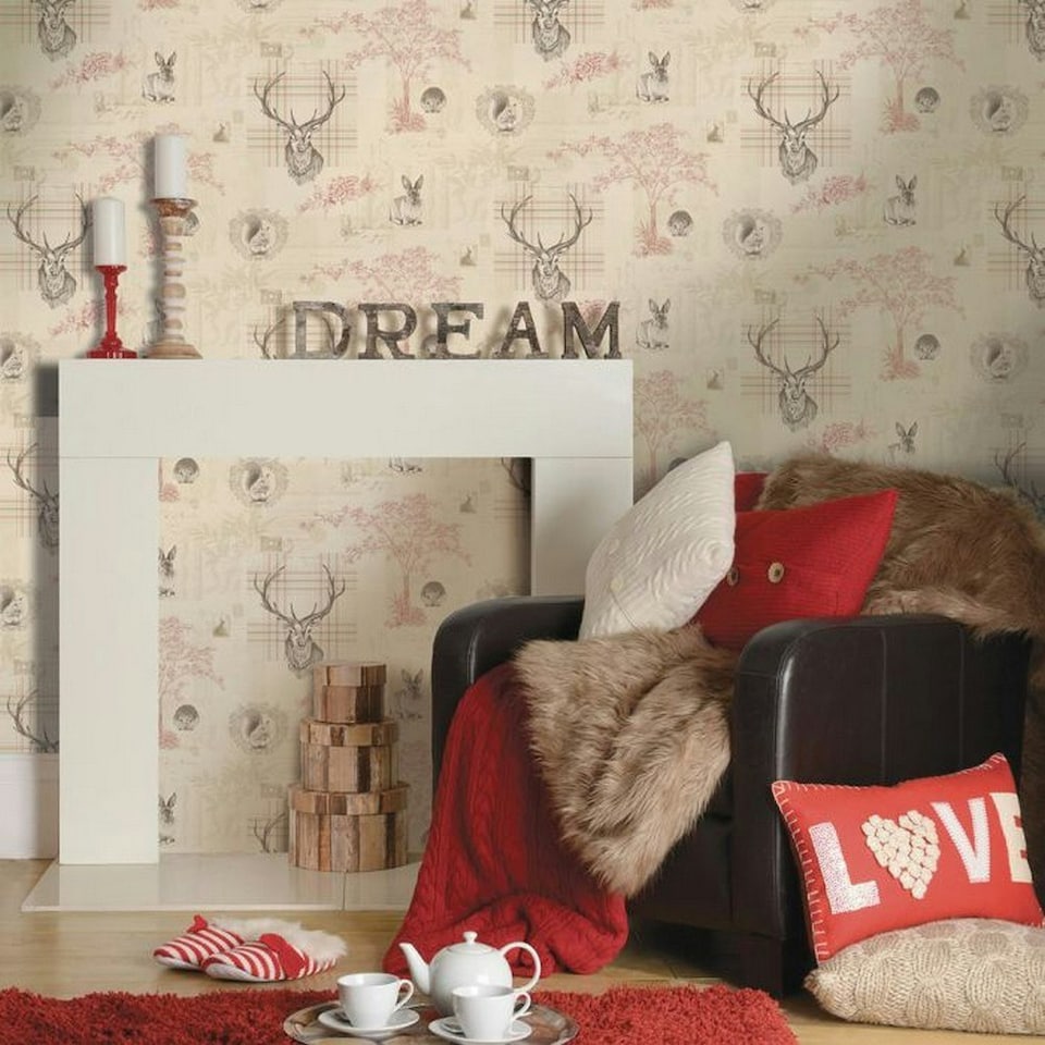 image 1 of Holden Décor Richmond Highland Stag Wallpaper - Cranberry/Cream - One Size Red