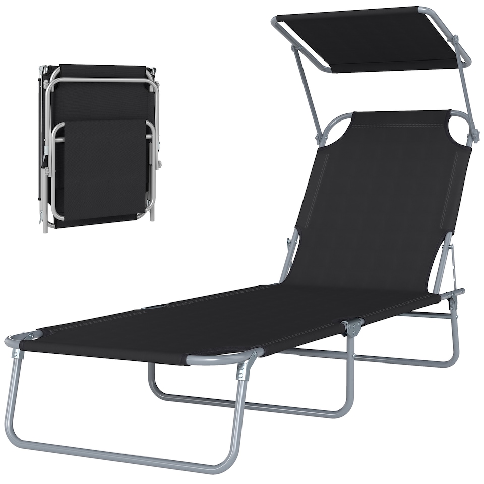 image 1 of Outsunny Folding Sun Lounger with Canopy, Reclining Sunbed with 4-Position Adjustable Backrest, 600D Oxford Cloth, Portable Garden Lounger Recliner Chair for Beach, Camping, Patio, Black
