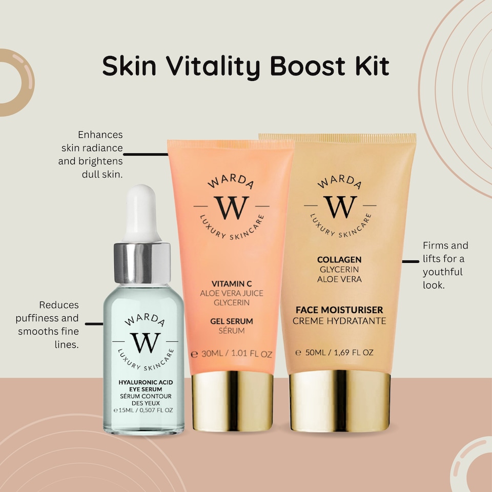 image 1 of Warda Luxury Skincare Skin Glow Boost Vitamin C Gel Serum 30ml + Skin Hydration Boost Hyaluronic Acid Eye Serum 15ml + Skin Lifter Boost Collagen Moisturiser 50ml