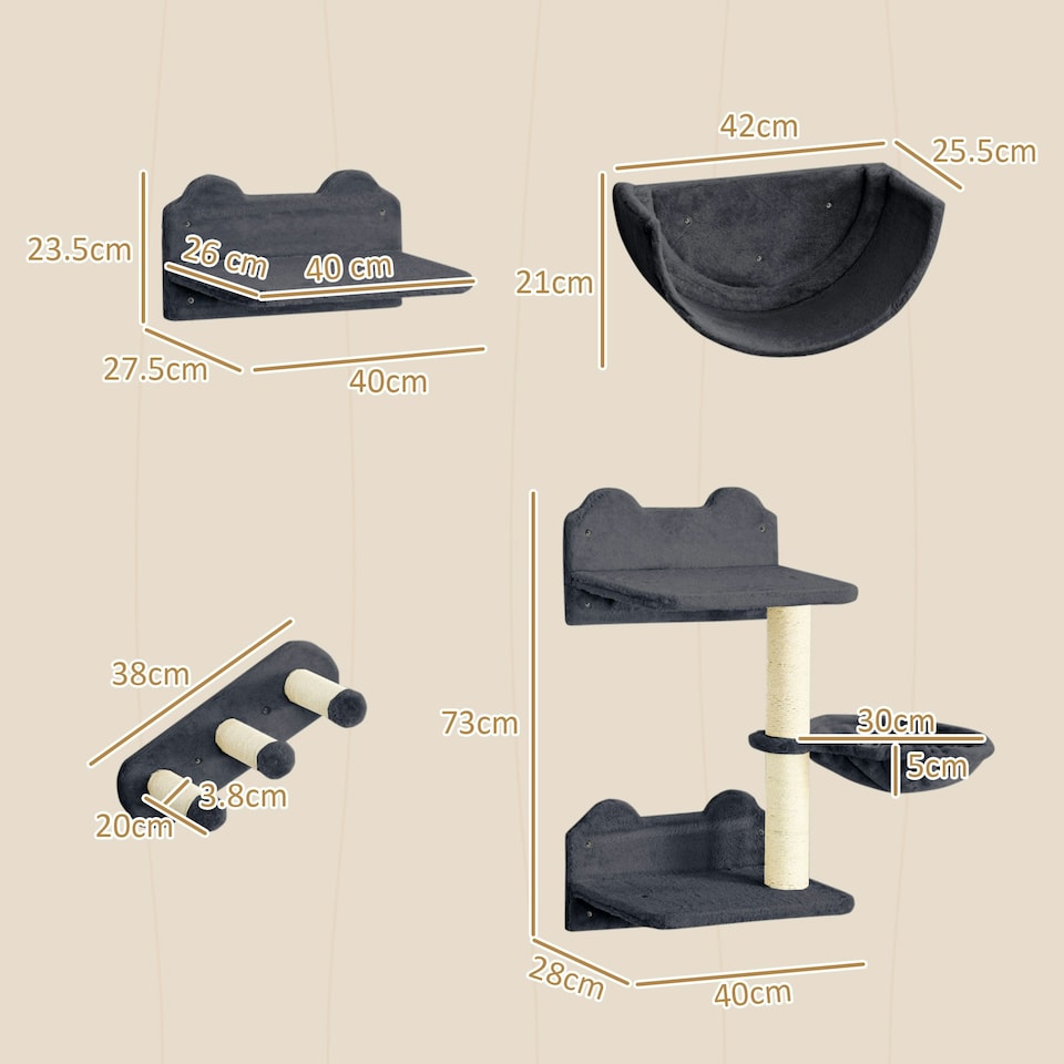 image 1 of PawHut Wall Mounted Cat Tree 4PC Kitten Activity Centre with Sisal Dark Grey