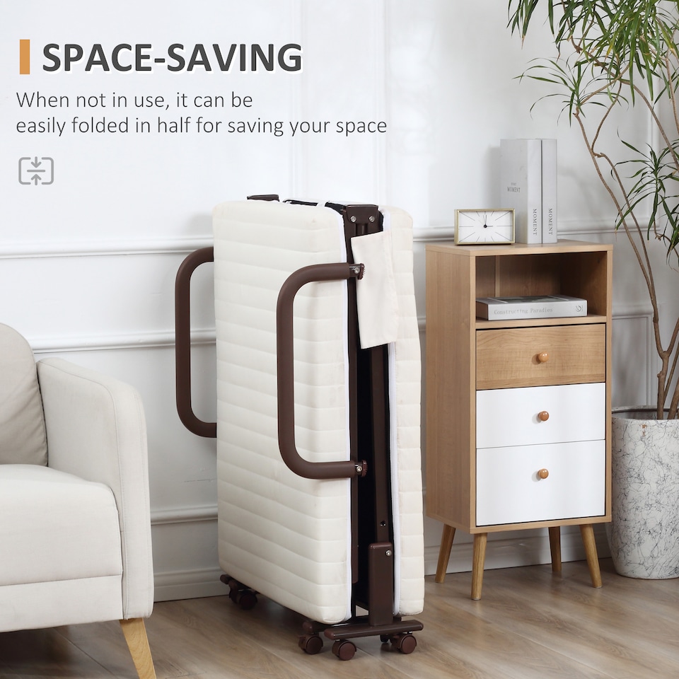 image 1 of HOMCOM Folding Bed with Mattress, Single Guest Bed, Portable Fold Bed with Adjustable Backrest, Metal Frame on Wheels, White, 190 x 76 cm