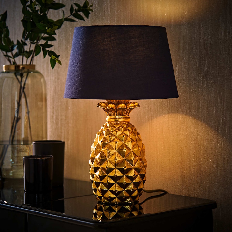image 1 of ValueLights Pineapple Design Gold Effect Table Lamp With Navy Blue Shade
