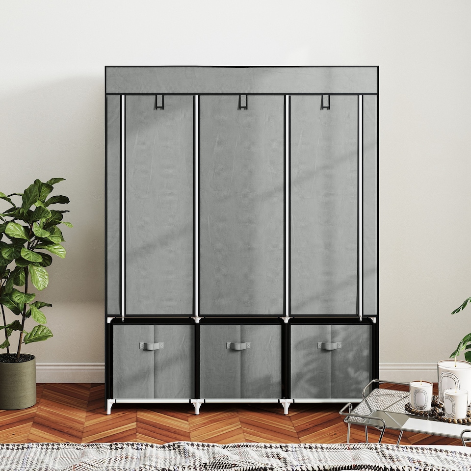 image 1 of HOMCOM Fabric Wardrobe for Bedroom, Portable Wardrobe with 5 Shelves, 2 Hanging Rails and 3 Fabric Drawers, Foldable Closet, 125 x 43 x 162.5cm, Light Grey | Grey | Light Grey