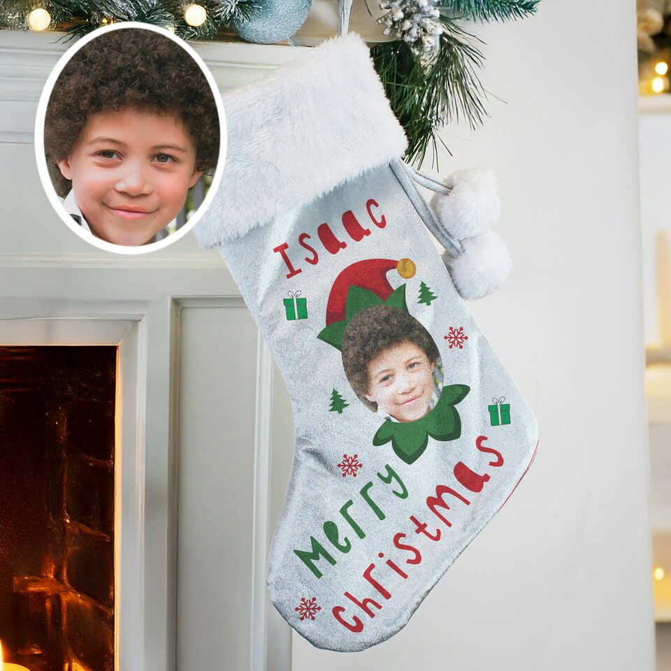 image 1 of Personalised Photo Upload Elf Christmas Stocking