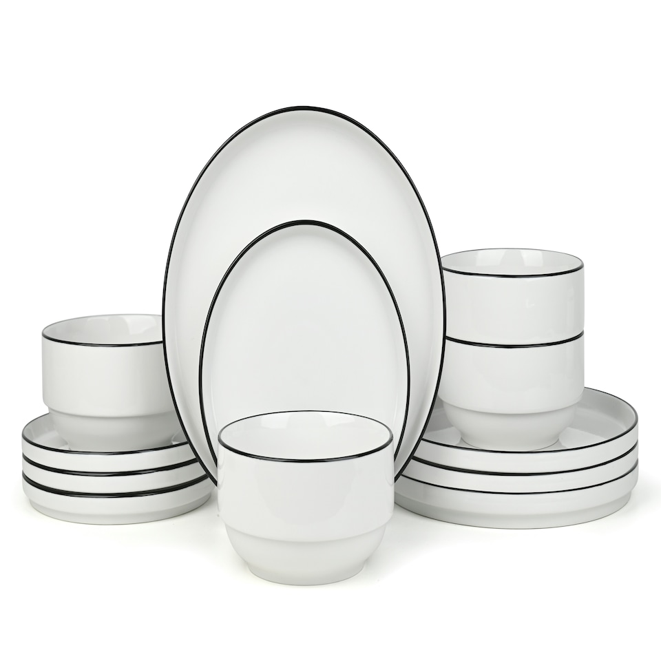 image 1 of 12pc Stackable Black Rim Dinner Set
