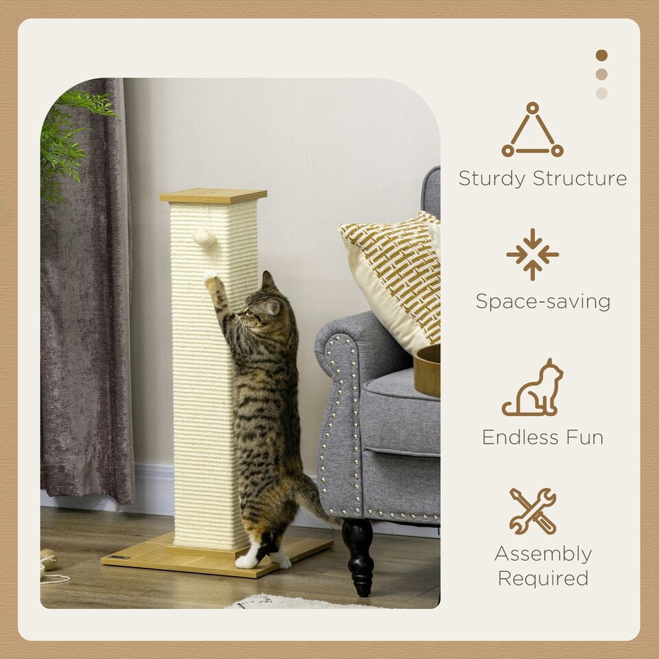image 1 of PawHut Cat Scratch Post 80cm Tall, with Sisal Hanging Ball Toy, Oak Beige