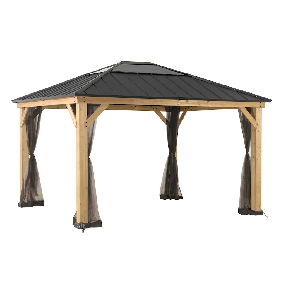 image 1 of Sunjoy Accessory Netting for Cedar Wooden Gazebo - 3.9m x 3.3m, Khaki, Suitable for A102005814, A102005803(Not Inculde Gazebo)