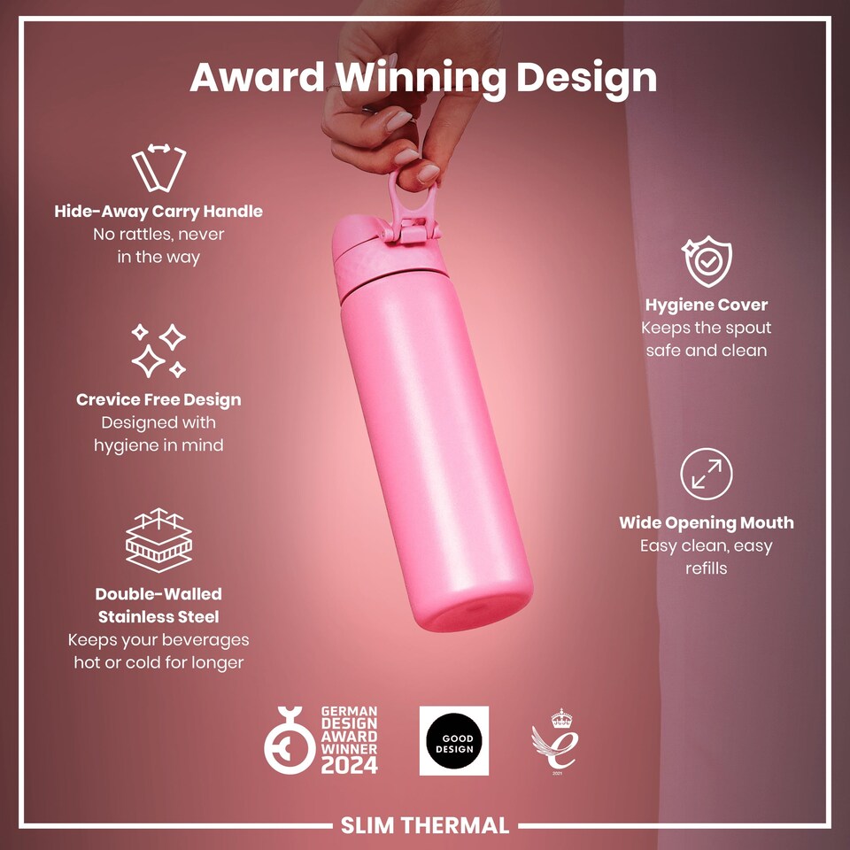 image 1 of Leak Proof Slim Water Bottle, Vacuum Insulated, 500ml (17oz) | Pink | Rose Bloom | One Size