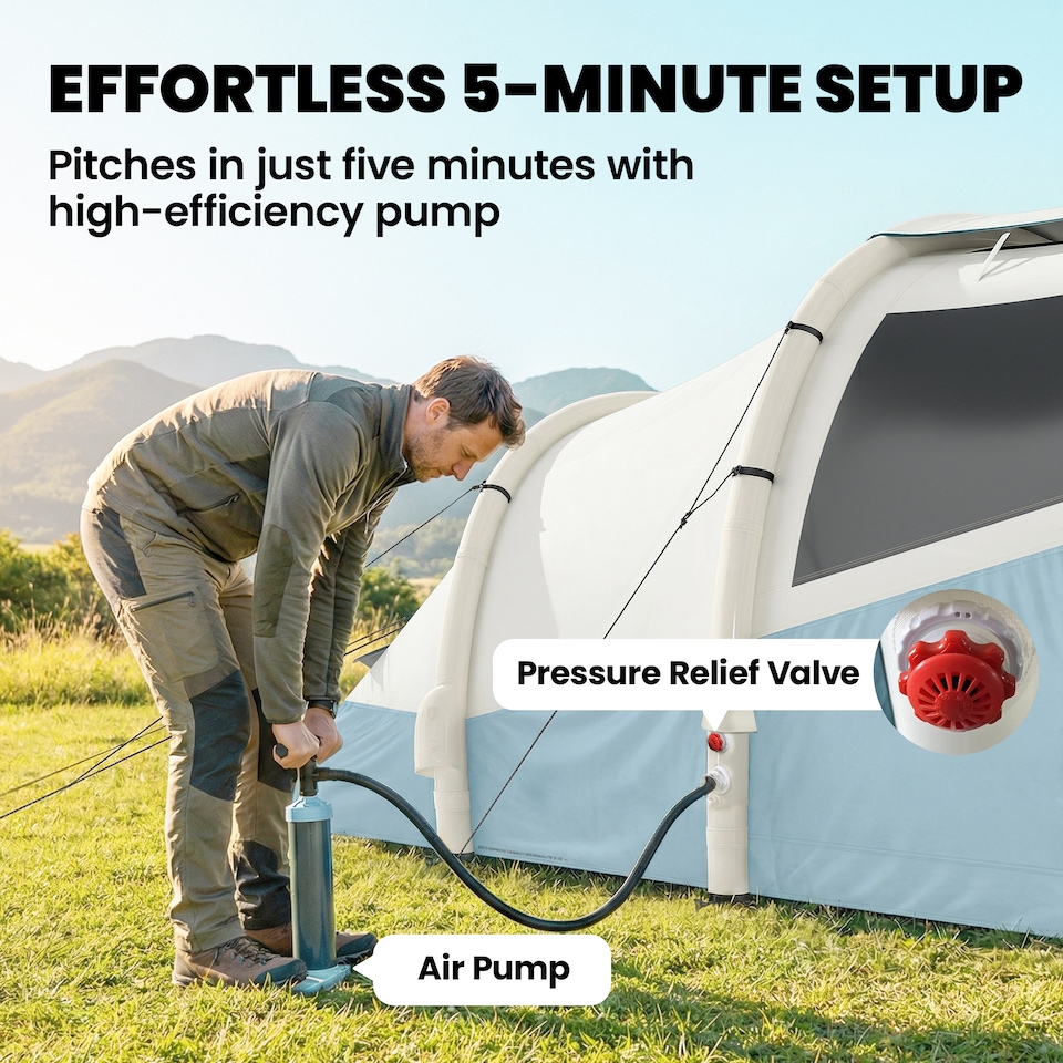image 1 of Outsunny Inflatable Camping Tent w/ Air Pump, 2-3 Person Blow Up Tent, Blue | Blue | Light Blue | 480 x 280 x 195 cm
