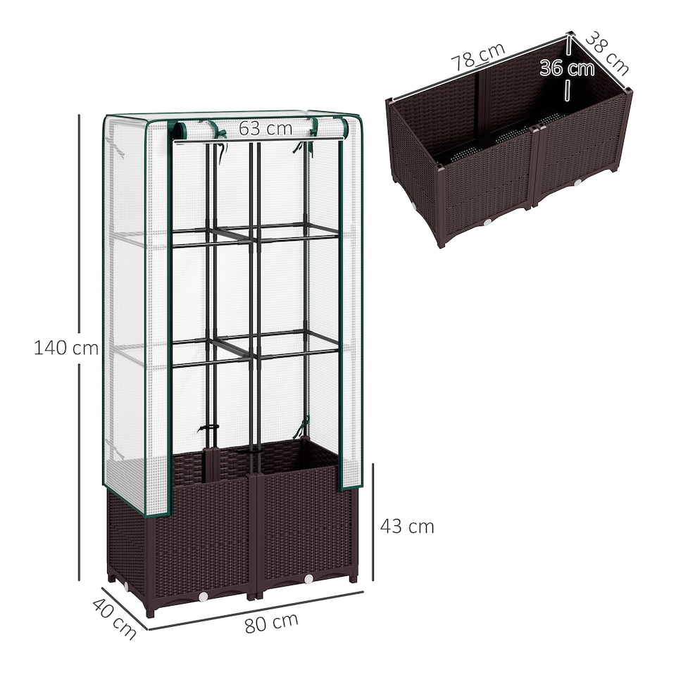 image 1 of Outsunny Plastic Vegetable Planter with Trellis, 80 x 40 x 140 cm | Brown | Brown