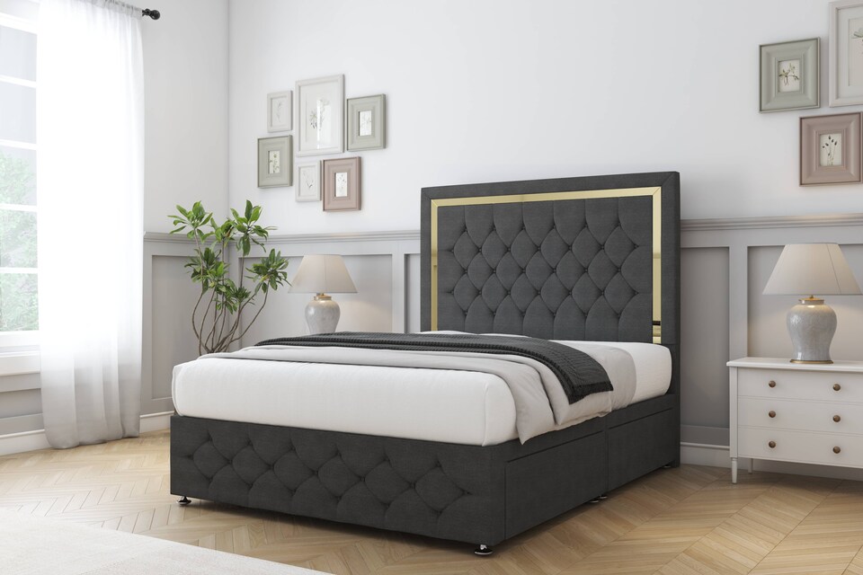 image 1 of Sloomy Sofia Gold Graphite Dumfries Divan Bed Base 2 Drawers Right Side With 54 Inch Floor Standing Headboard & 12 Inch Matching Footboard | Grey | Graphite | Single | 1