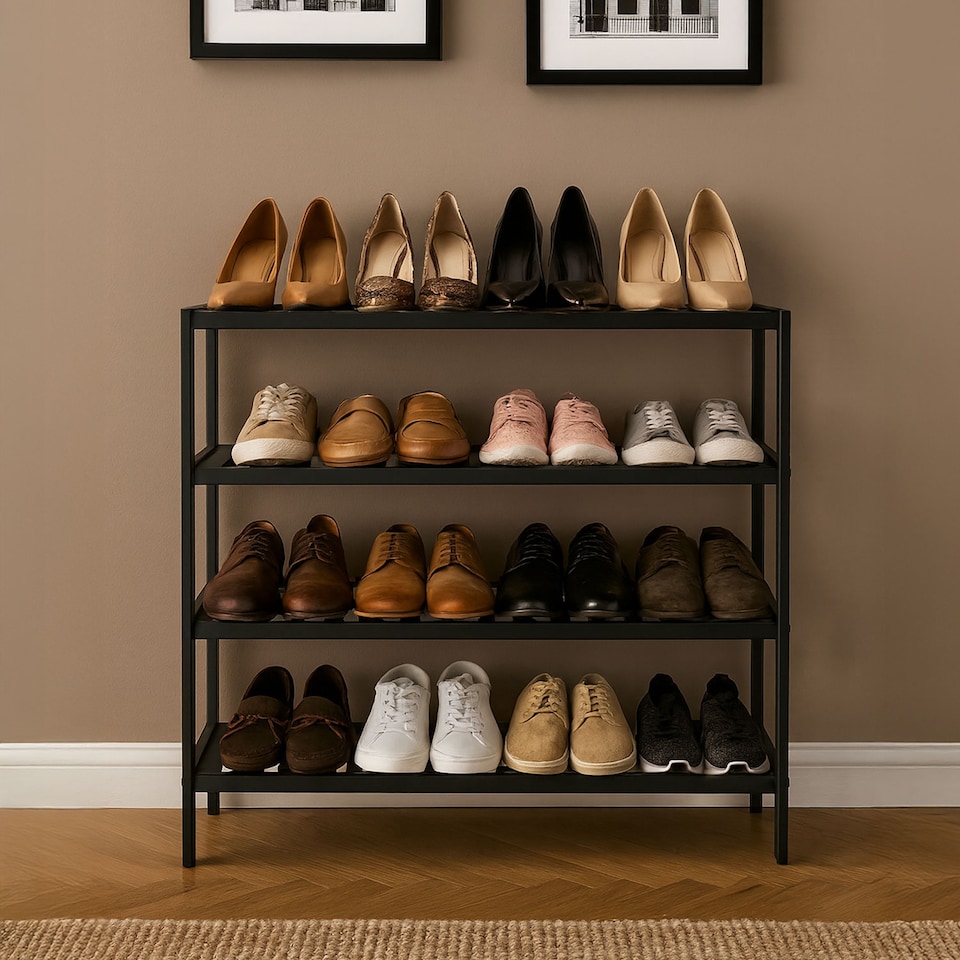 image 1 of Neo Black 4-Tier Bamboo Shoe Rack Wooden Shoe Storage Organiser Shelf for Hallway, Entrance Living Room | Black