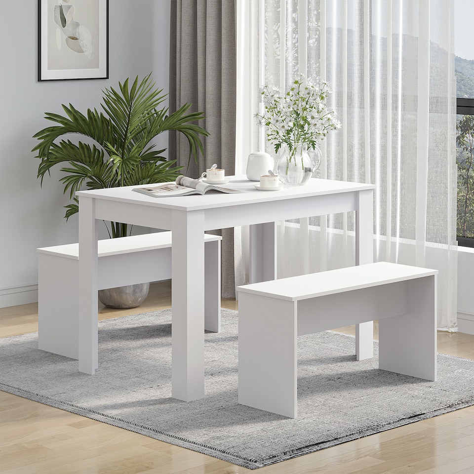 image 1 of HOMCOM Kitchen Dining Table and 2 Benches Set, Table and Chairs Set for Limited Space, White