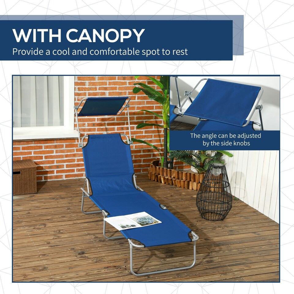 image 1 of Outsunny Folding Sun Lounger Set of 2 w/ Sunshade Adjustable Backrest Blue