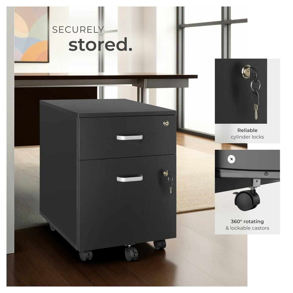 image 1 of Filing Cabinet - 2 rolling, lockable drawers, fits A4 documents Black