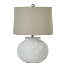 Squat Beaded Lamp with Linen Shade - Ceramic - L38 x W38 x H56 cm - White White