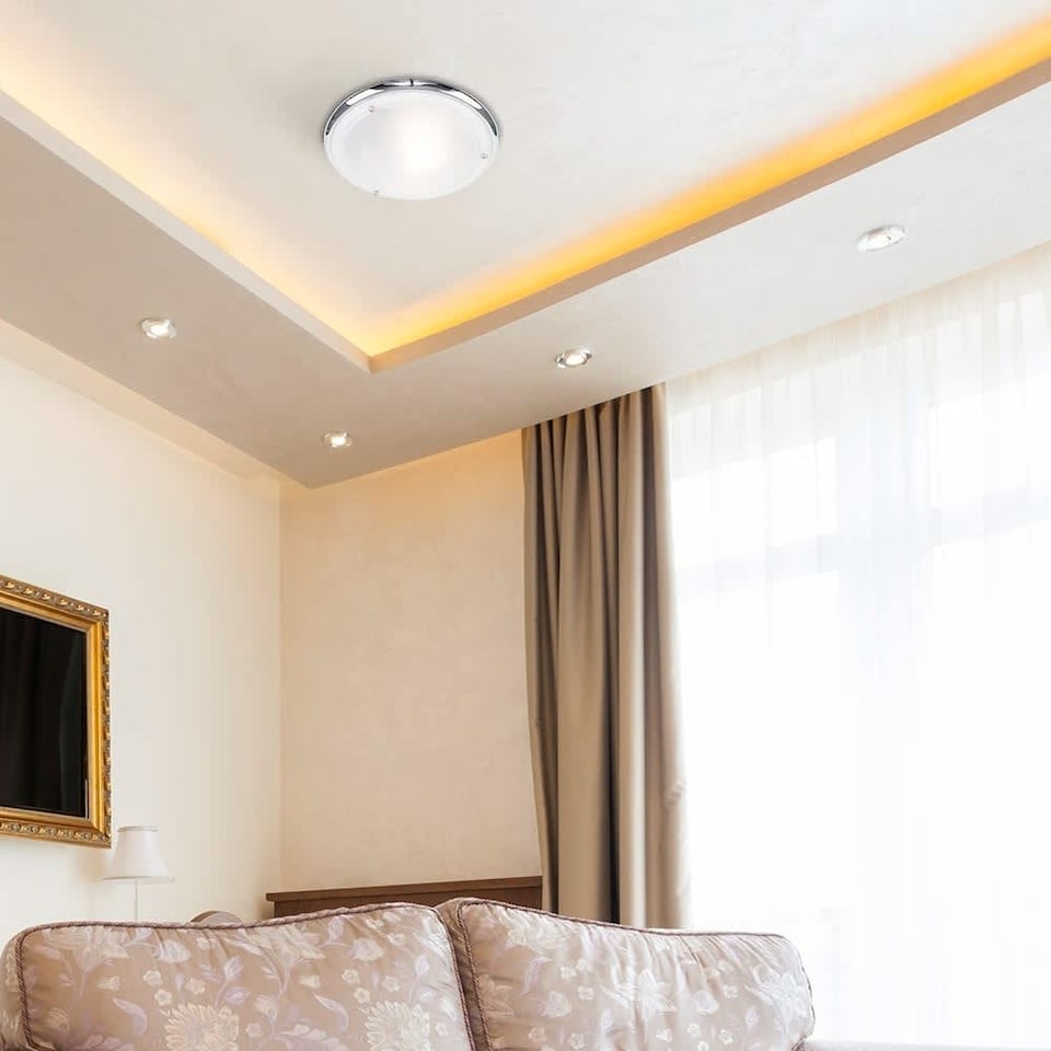 image 1 of ValueLights Flat Chrome Opal Glass IP44 Bathroom Ceiling Light and Bulb