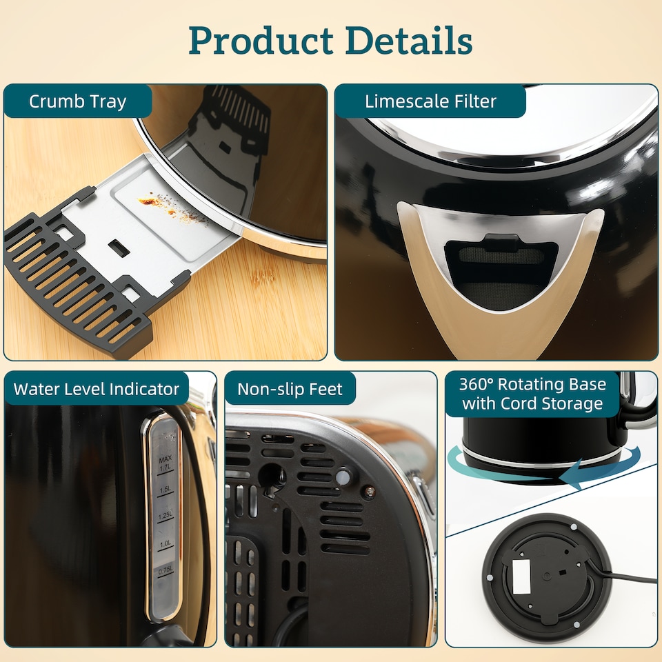 image 1 of HOMCOM Kettle and Toaster Set with LED Screen, 1.7L 3000W Retro Rapid Boil Jug Kettle with Keep Warm Memory Function, 2 Slice Toaster with 6 Browning Controls, Crumb Tray, Black | Black