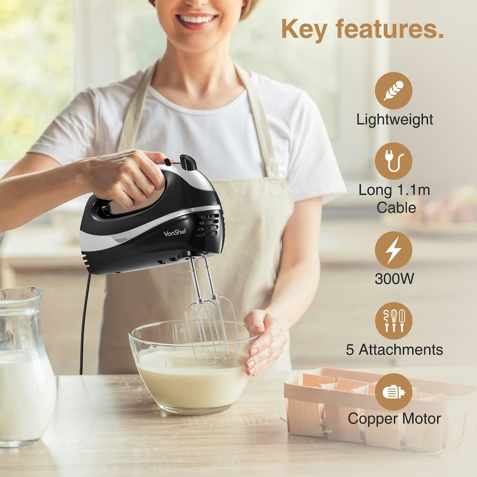 image 1 of VonShef 300W Black Hand Mixer Electric Whisk with 5 Speeds