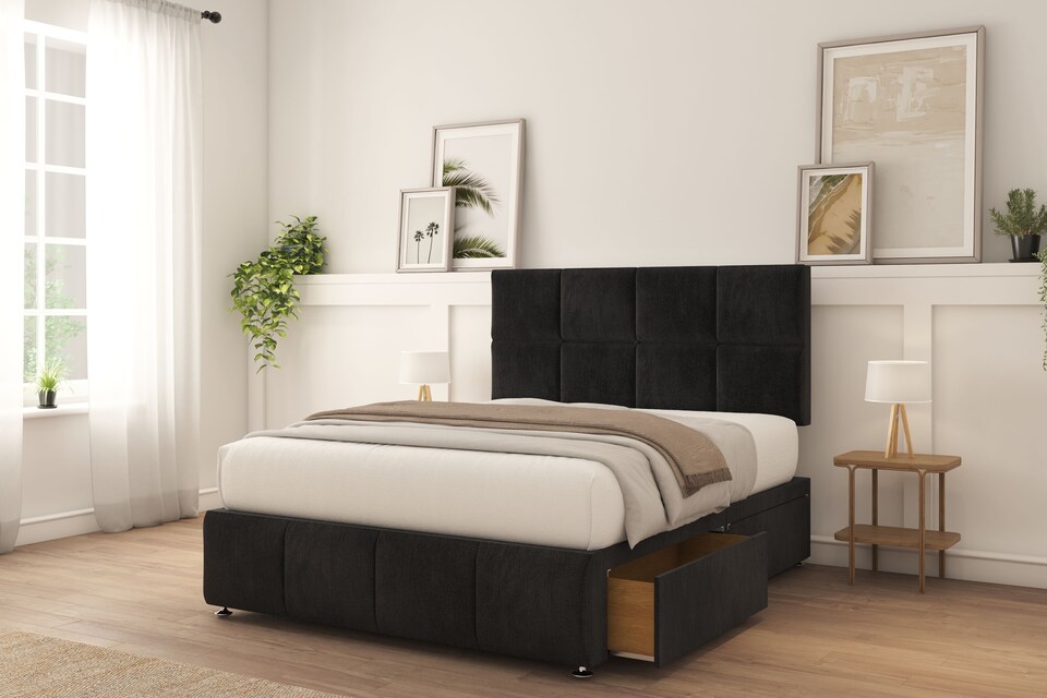 image 1 of Sloomy Sterling Black Naples Divan Bed With Mattress 2 Drawers Right 26" Strutted Headboard & 12" Footboard 6' Super King