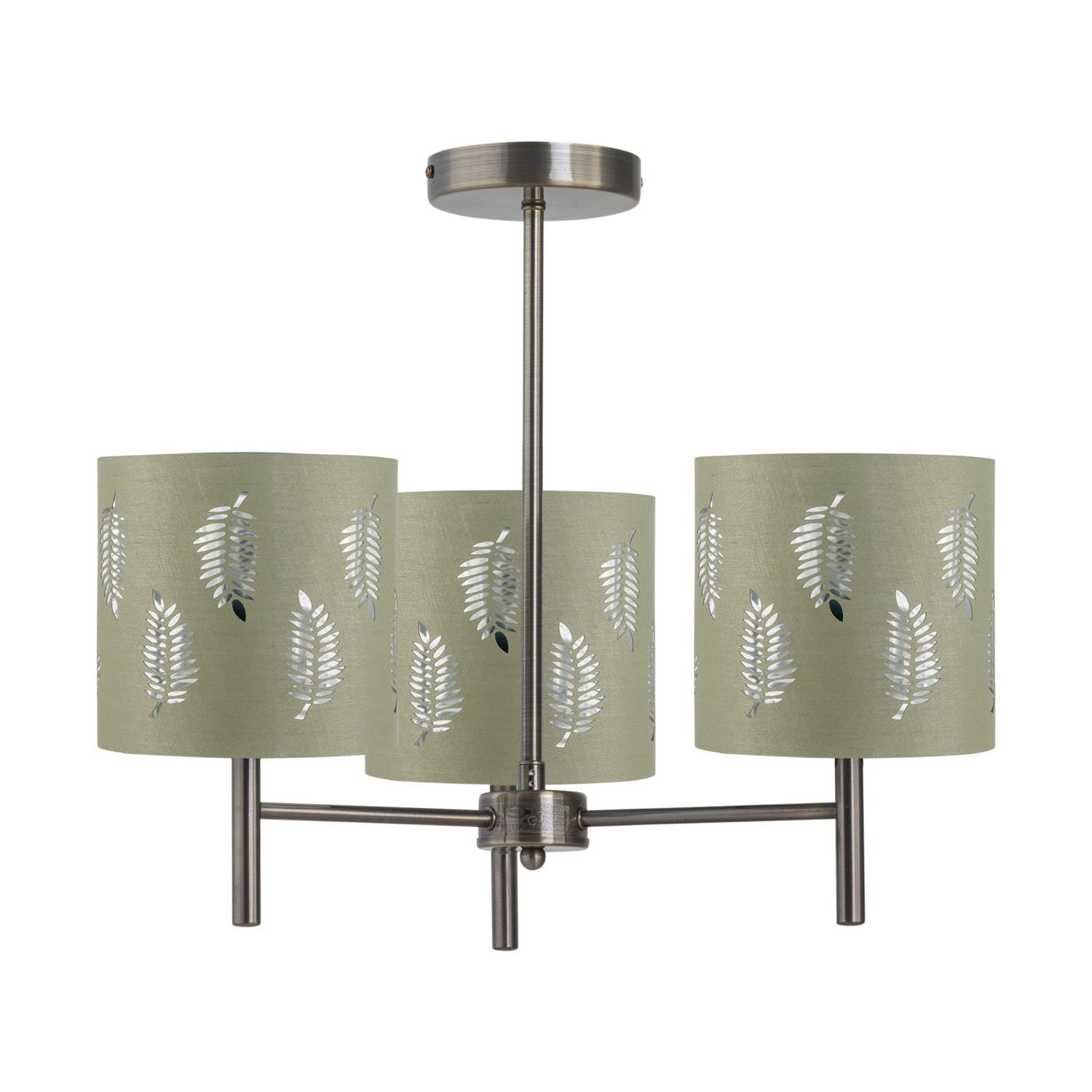 First Choice Lighting Brea - Antique Brass 3 Light Fitting with Sage Green Fern Shades in Gold