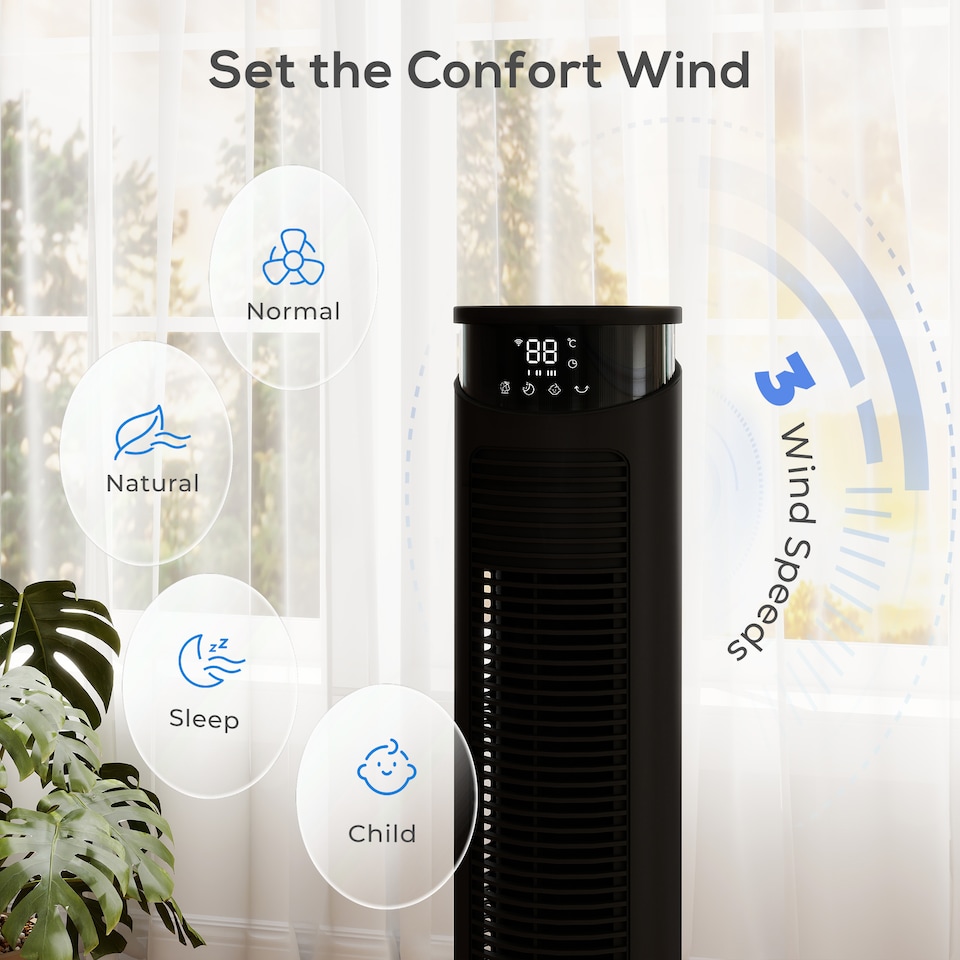 image 1 of HOMCOM Tower Fan with WiFi Control 116 cm | Black | Black | 31.5 x 31.5 x 116 cm