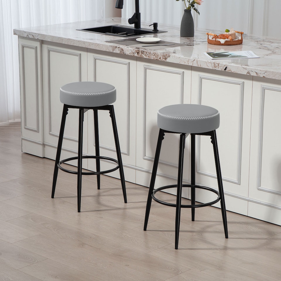 image 1 of HOMCOM 360 Degree Swivel Bar Stools Set of 2, Kitchen Counter Stools with Footrest, Faux Leather with Stitching, Modern Barstools for Breakfast Island, 69 cm Tall, Grey | Grey | Grey