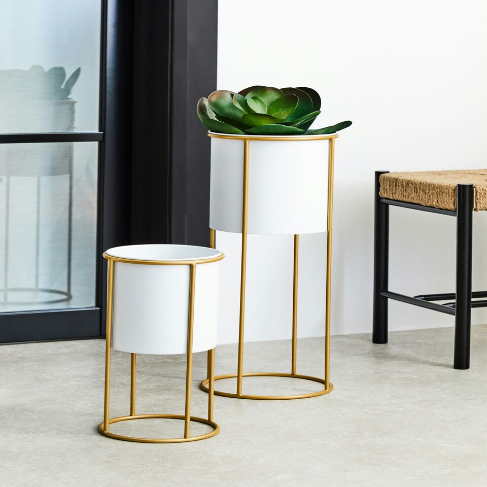 image 1 of Interiors by Premier Stylish And Functional Large Black And Gold Floor Standing Planter, Sleek And Sturdy Outdoor Garden Pots White