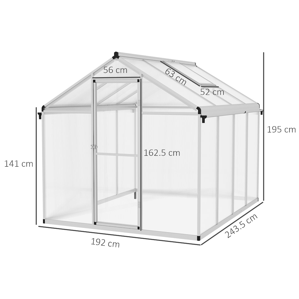 image 1 of Outsunny 8x6ft Aluminium Greenhouse with/ Door Window Galvanised Base PC Panel | Clear