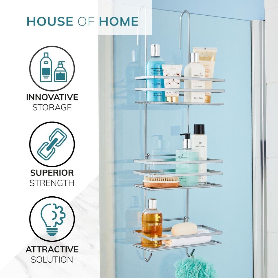 image 1 of House of Home Shower Caddy 3 Tier Bathroom Storage Organiser Over The Door Silver | Silver