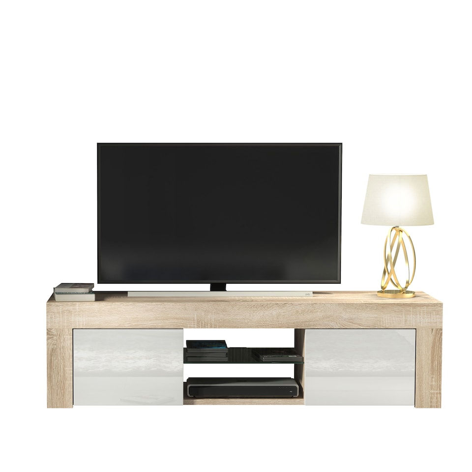 image 1 of TV Unit TV Stand Cabinet Sideboard Oak White High Gloss Storage 130cm