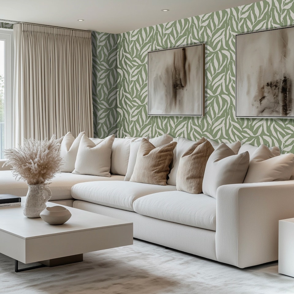 image 1 of Olive Leaf Wallpaper in Cream on Pistachio | Green | Green, Light | 50cm x 10m