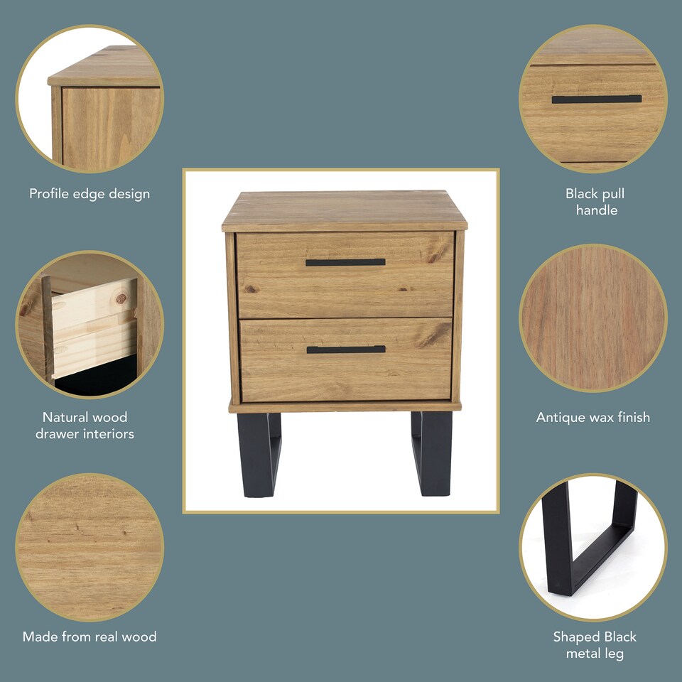 image 1 of Texas 2 Drawer Bedside Cabinet - Industrial Style with Real Wood and Metal Legs | Brown | Antique Waxed Pine | One Size | 1
