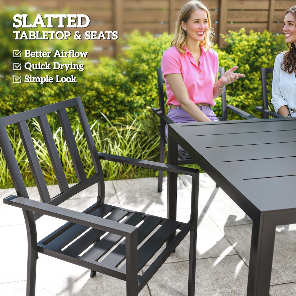 image 1 of Outsunny 7 PCs Garden Dining Set w/ Stackable Chairs and Metal Top Table, Black | Black