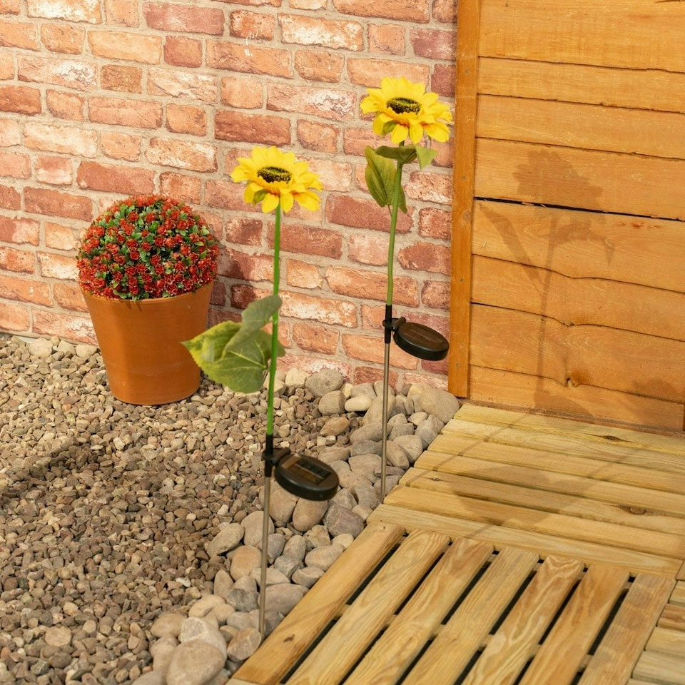 image 1 of ValueLights 2 Pack Solar Powered Yellow Sunflower Outdoor Spike Lights Garden Stake Lamp