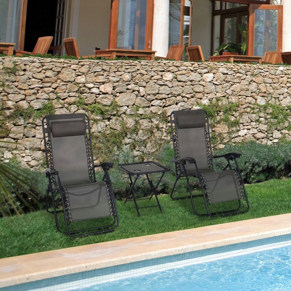 image 1 of Outsunny 3PC Zero Gravity Chairs Sun Lounger Table Set Dark Grey