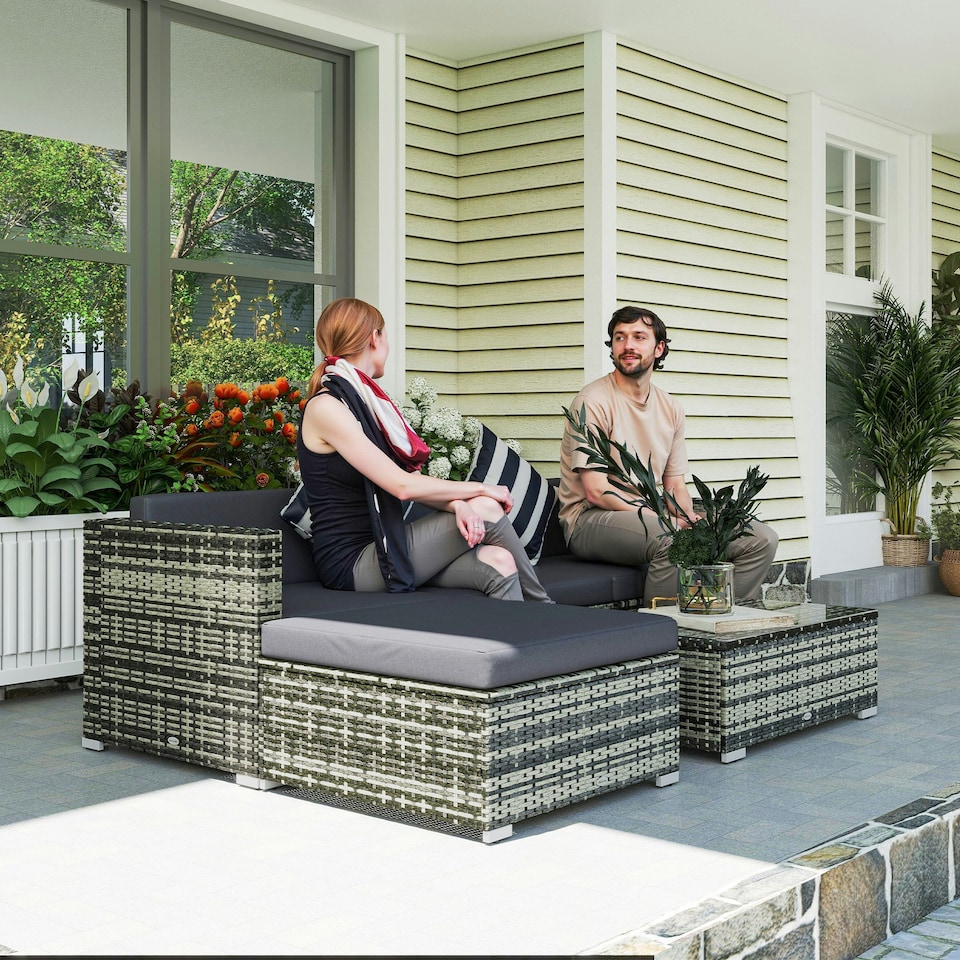 image 1 of Outsunny 5 Pieces Rattan Sofa Set Wicker Sectional Cushion Patio Grey Garden