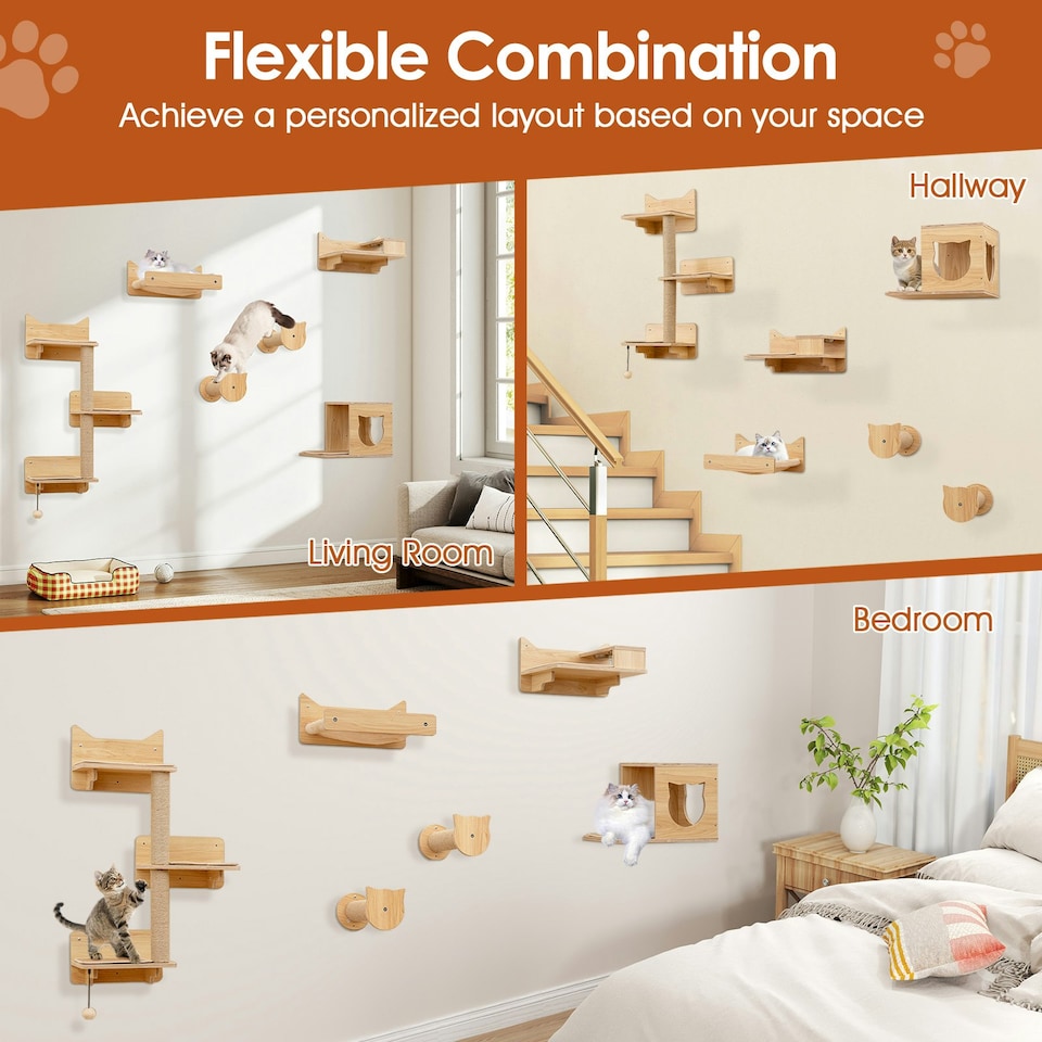 image 1 of COSTWAY 6Pcs Cat Wall Furniture Set Wall Mounted Shelves
