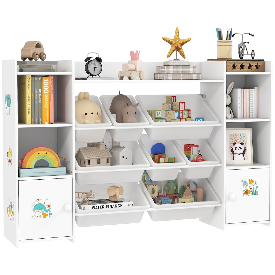 image 1 of AIYAPLAY Kids Bookshelf and Toy Storage Organiser with 8 Removable Storage Bins, Toy Organisers with Bookshelf for Playroom, Nursery, Kids Room, White