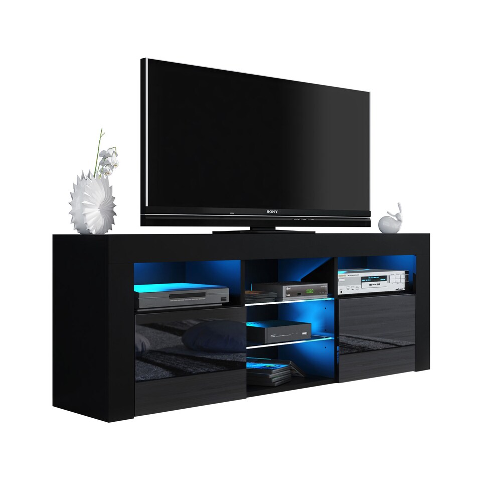 image 1 of TV Unit TV Stand Black Gloss LED Media Console Sideboard Storage Cabinet 145cm