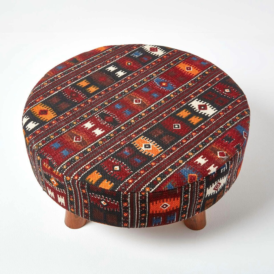 image 1 of Homescapes Flat Kilim Footstool with Legs | Red | 62 x 62 x 30 cm