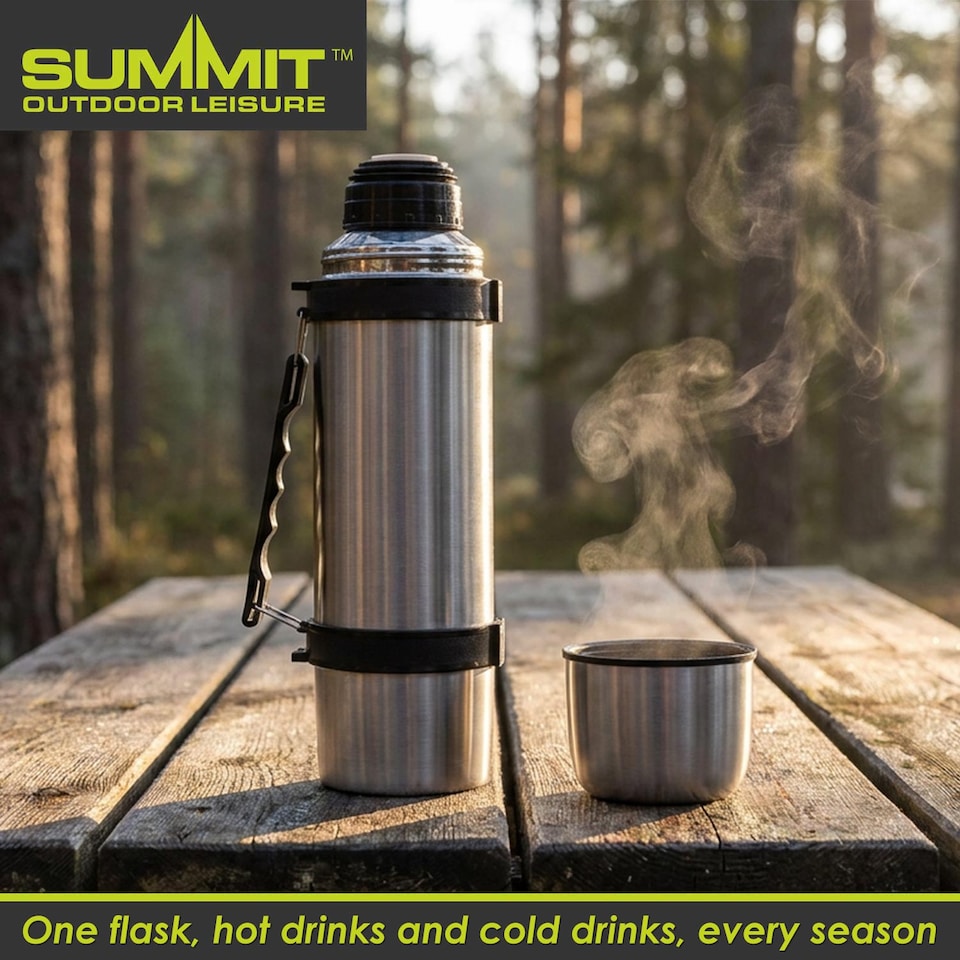 image 1 of PMS 1L Insulated Stainless Steel Vacuum Flask, Silver - Includes 2 Cups