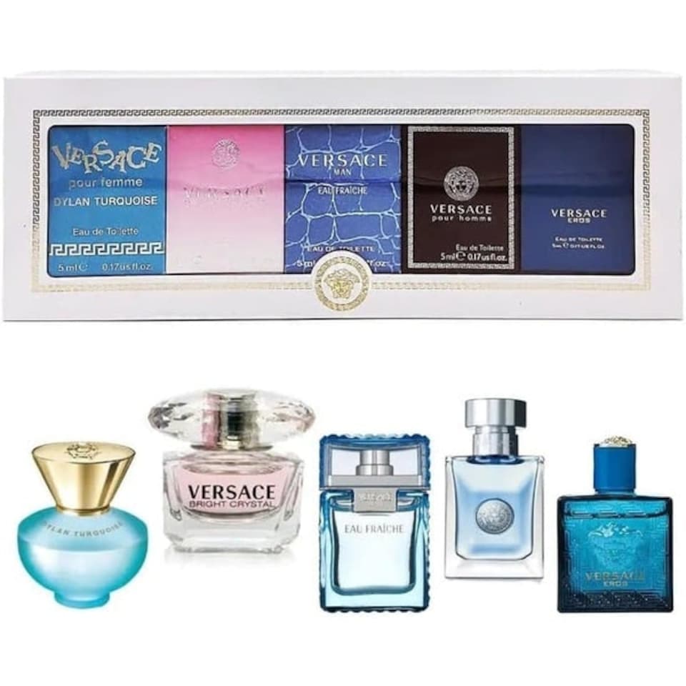 image 1 of Versace Miniatures Gift Set 5ml Dylan Turquoise EDT + 5ml Bright Crystal EDT + 5ml Eau Fraiche EDT + 5ml Pour Homme EDT + 5ml Eros EDT