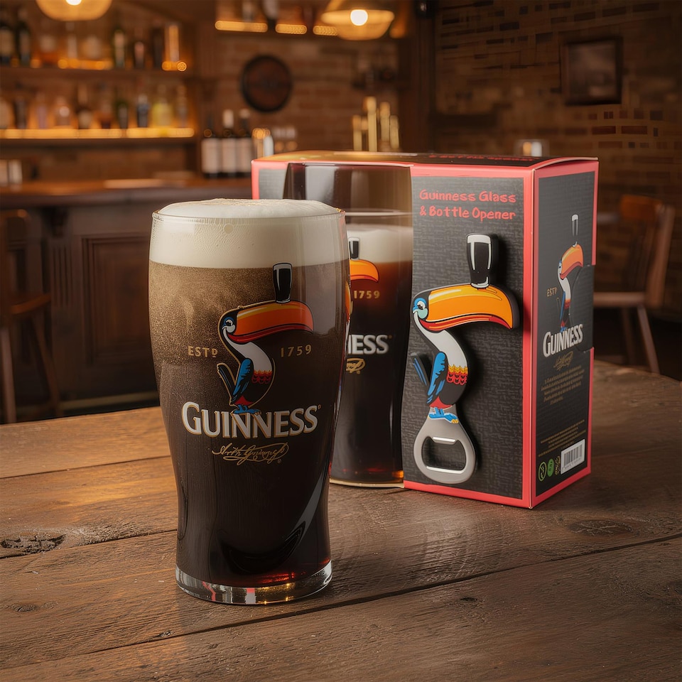 image 1 of Guinness Toucan Pint Glass Set with Bottle Opener - 2 Piece Large Reusable Glass Craft Beer Drinking Tulip Lager Ale Pub Kitchen Tumbler Cups Set
